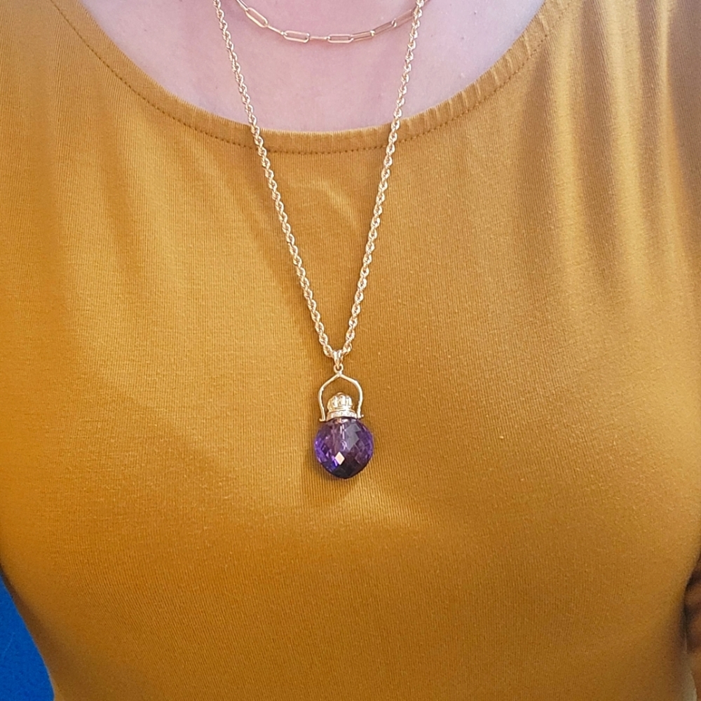 18K Solid Gold Amethyst Perfume Bottle Pendant with Ruby and Diamond